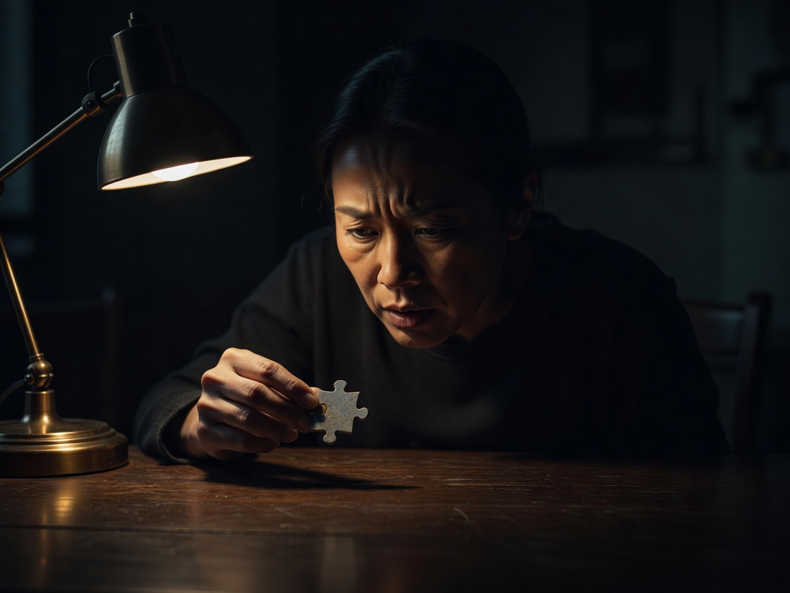 Person looking intensely at a puzzle piece in dim light