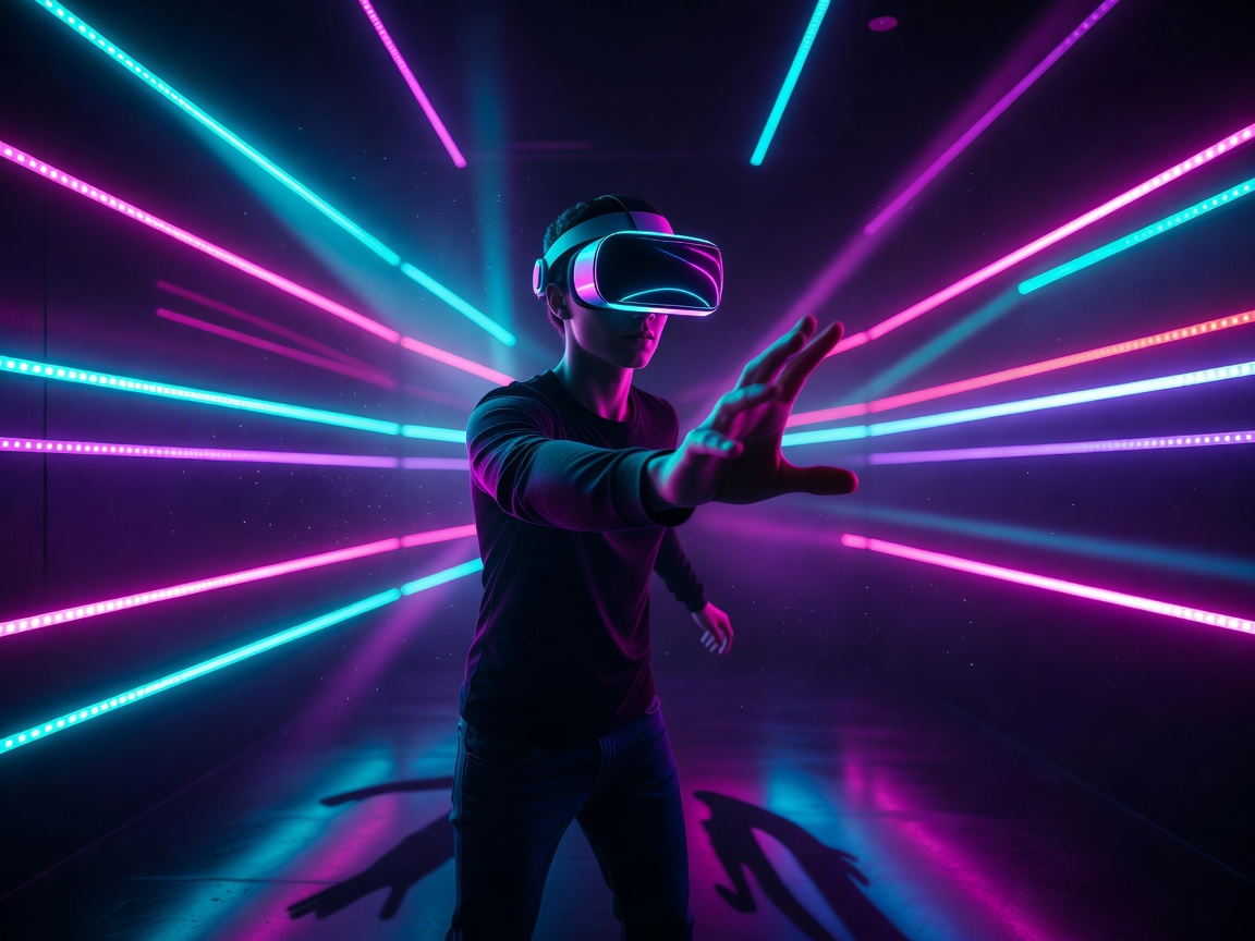 Player wearing a VR headset reaching out in a neon room