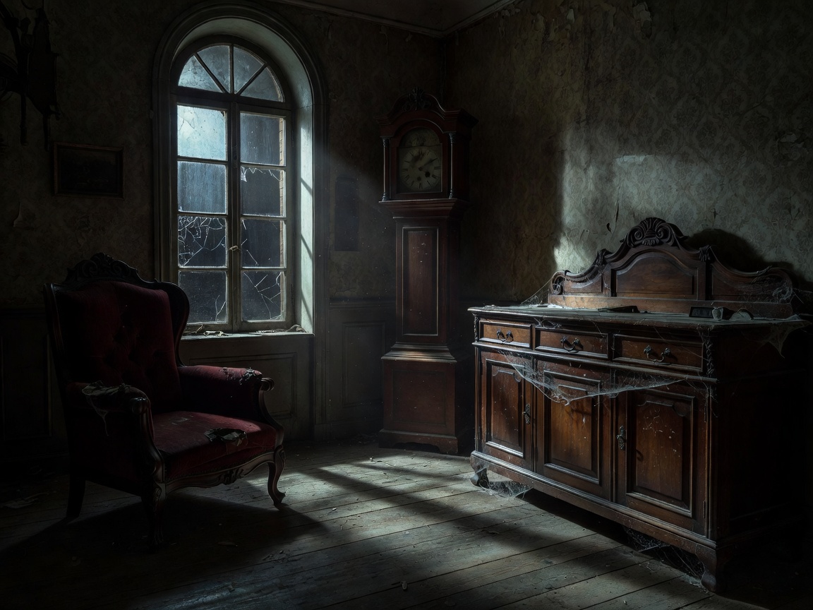 Spooky dimly lit room with vintage furniture